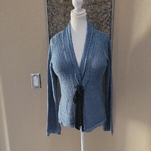 One A Hip Length Blue Cardigan with Black Tie Front